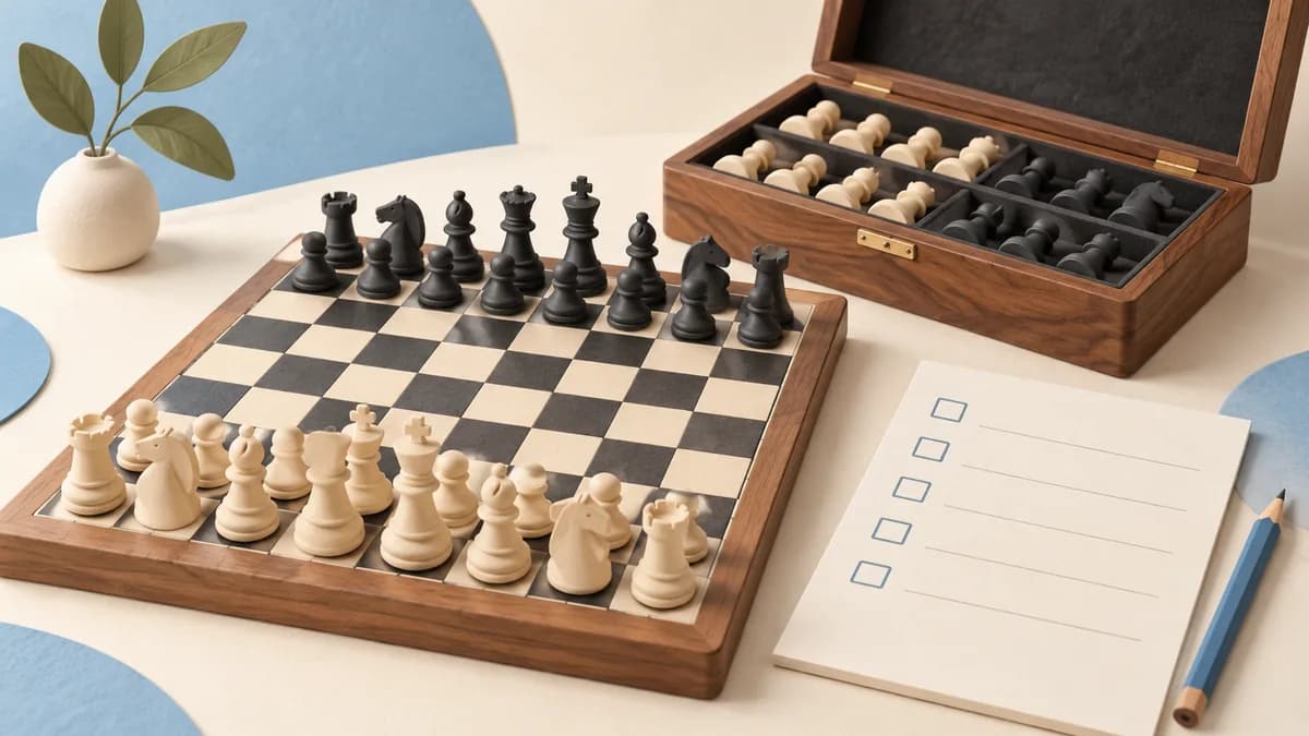 Illustration: Chess set, storage case and a blank checklist