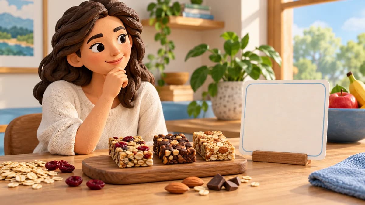 A person considers several snack bars beside a blank label card.