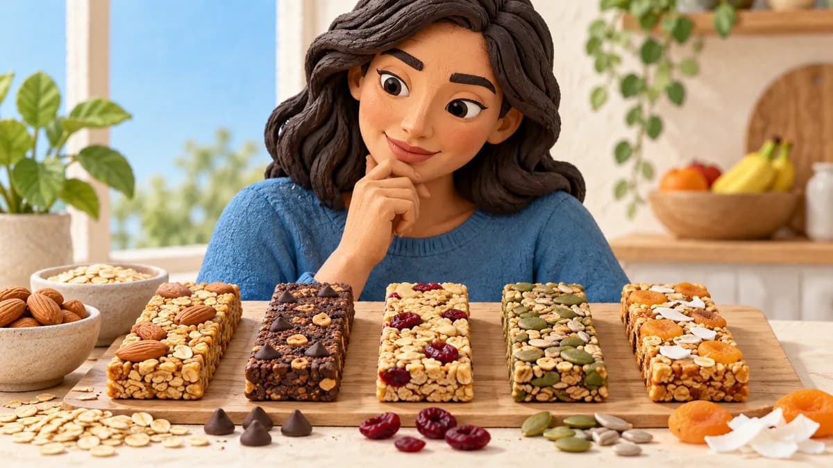 A person compares bars made with nuts, chocolate, fruit and seeds.
