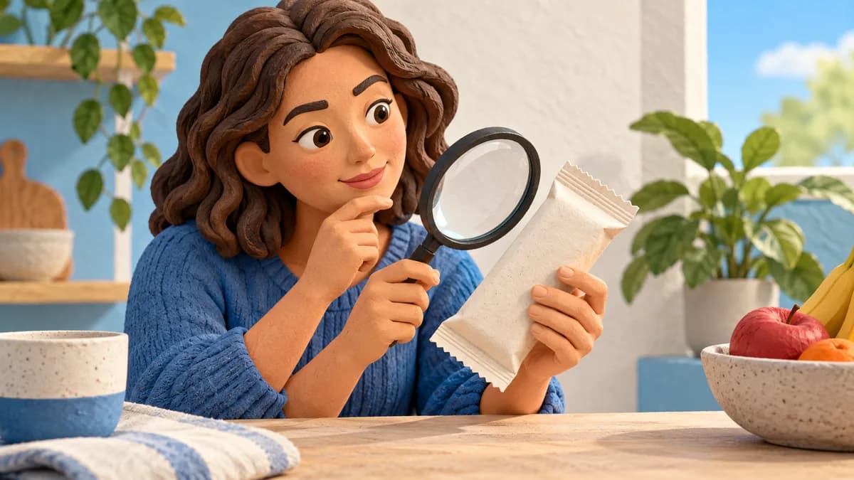 A person examines a plain snack wrapper with a magnifying glass.