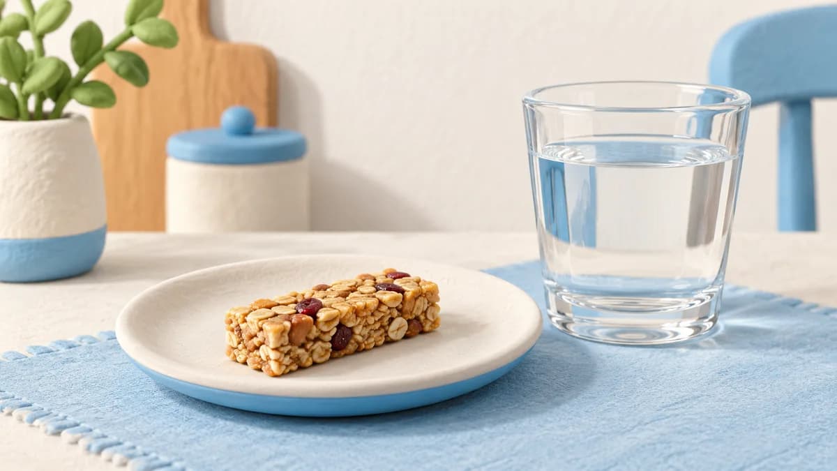 A small snack-bar portion beside a glass of water.