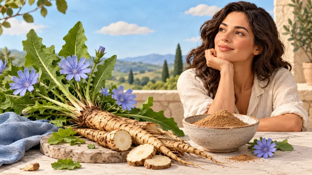 A person sits beside blue chicory flowers, sliced roots and a bowl of powdered ingredient.