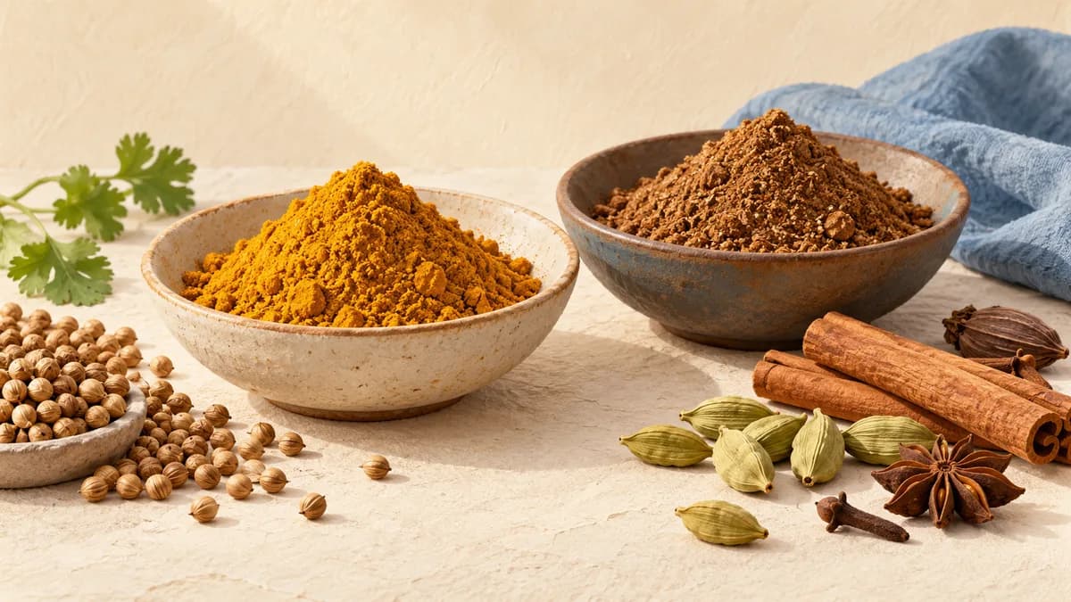 Illustration: Two bowls of golden and brown spice blends with coriander seeds, cardamom and cinnamon.