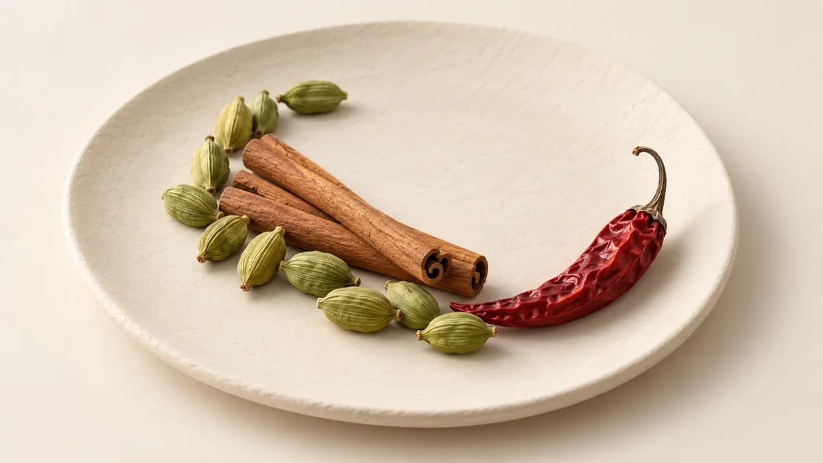 Illustration: Cardamom pods, cinnamon sticks and a dried red chili on an ivory plate.