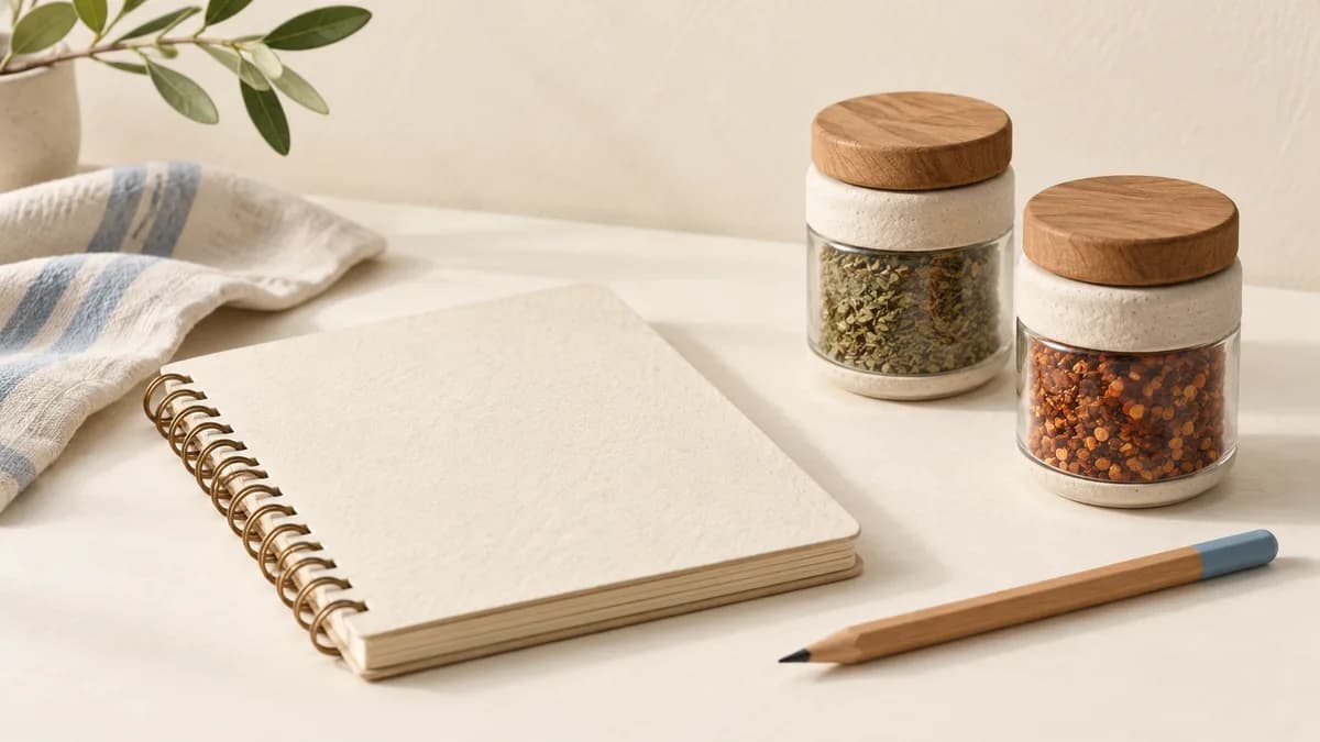 Illustration: A blank recipe notebook and pencil beside two closed spice jars.