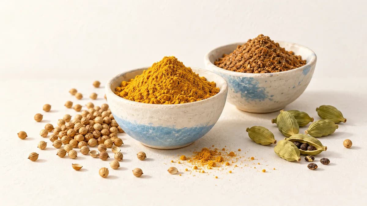 Illustration: Golden and brown spice blends in blue bowls, surrounded by whole spices.