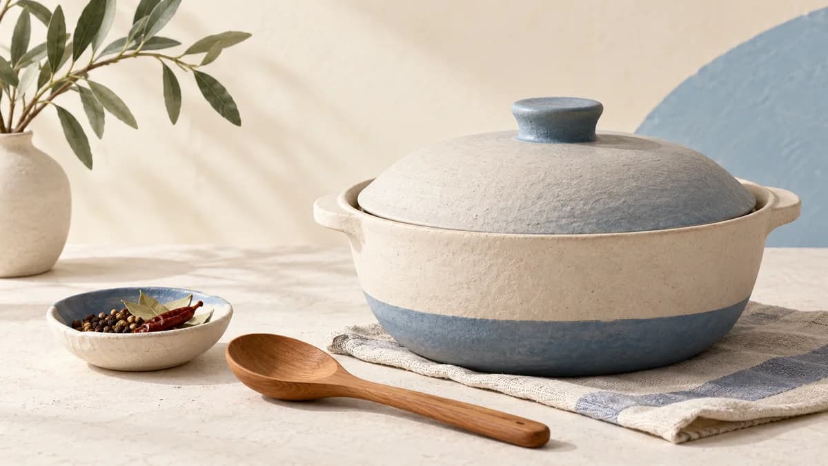 Illustration: A covered cooking pot beside a wooden spoon and small bowl of spices.