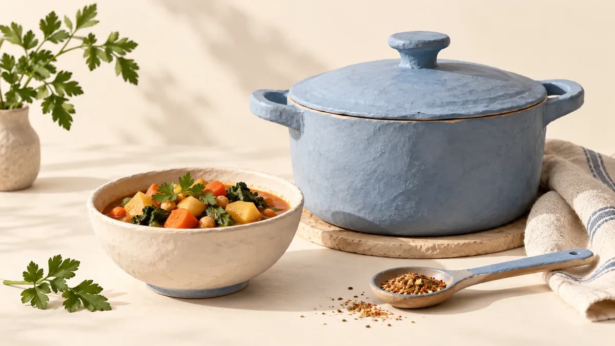 Illustration: A small bowl of vegetable stew beside a covered blue pot and spice spoon.