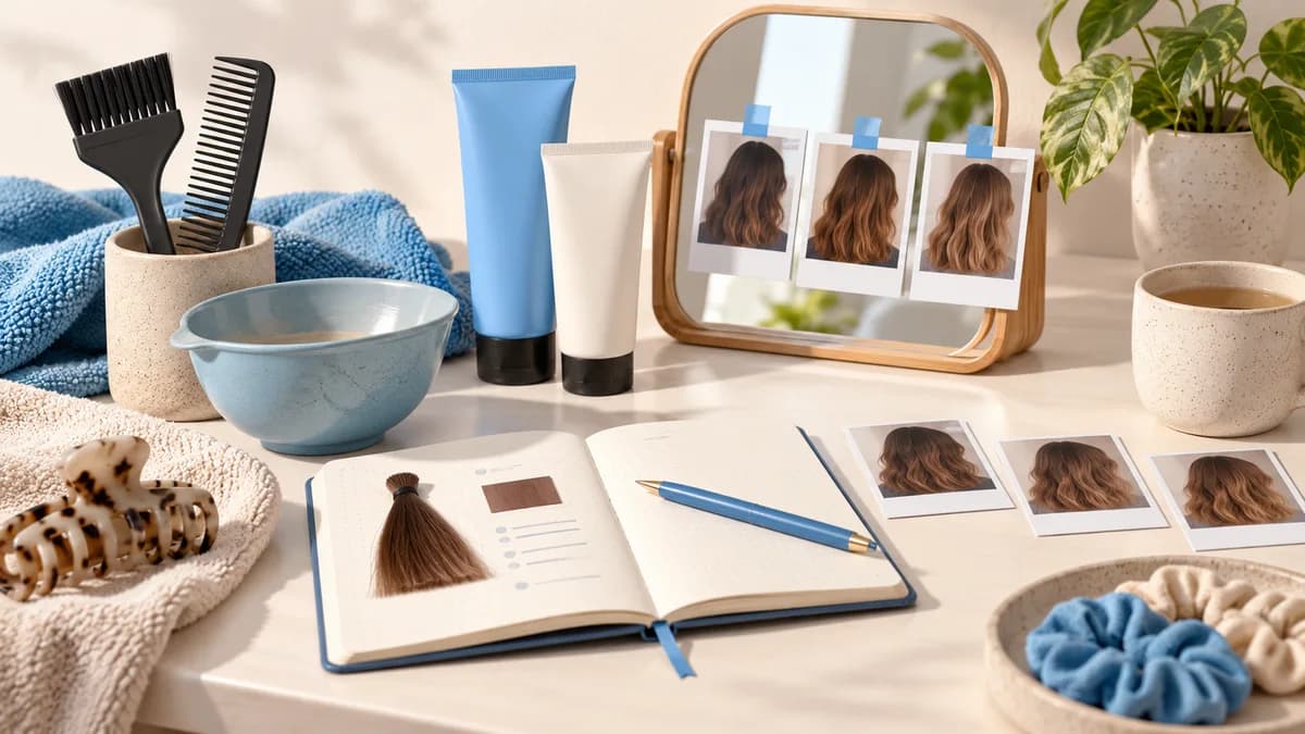 Illustration: Hair swatches, a notebook and color-care supplies arranged beside a mirror.