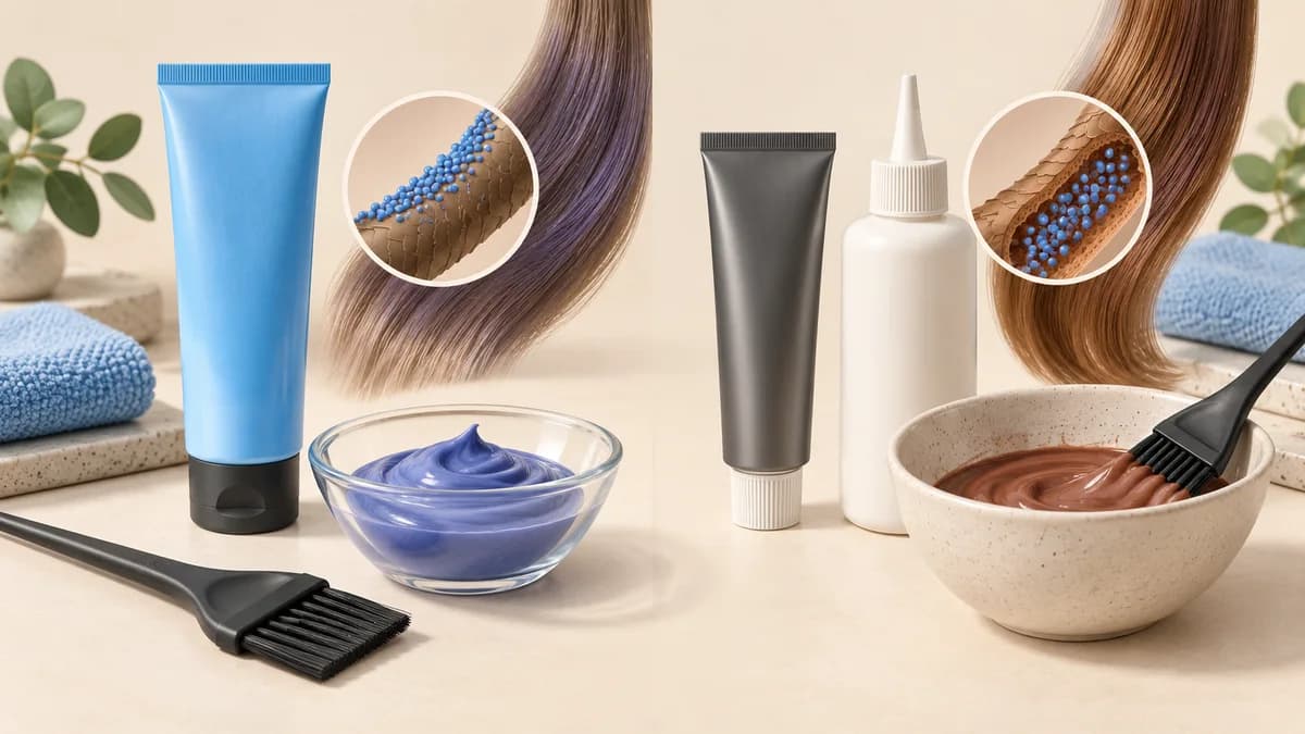Illustration: Two hair-color preparations beside illustrated hair strands.
