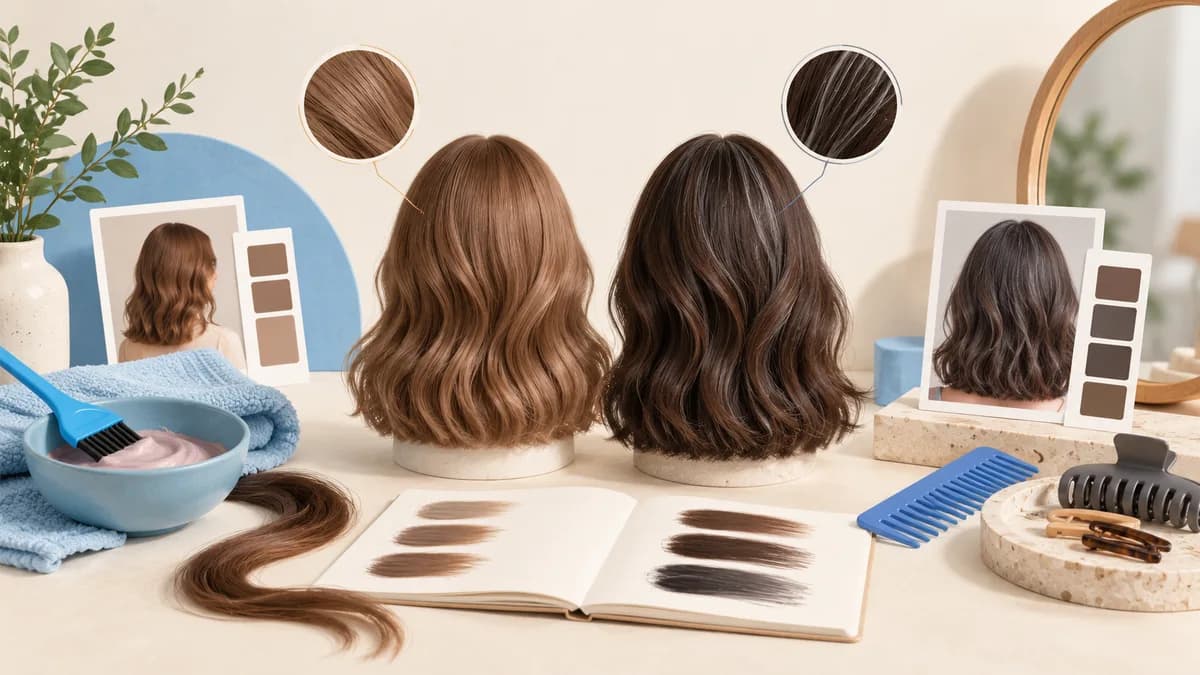 Illustration: Brown hair swatches and shade samples beside coloring tools.