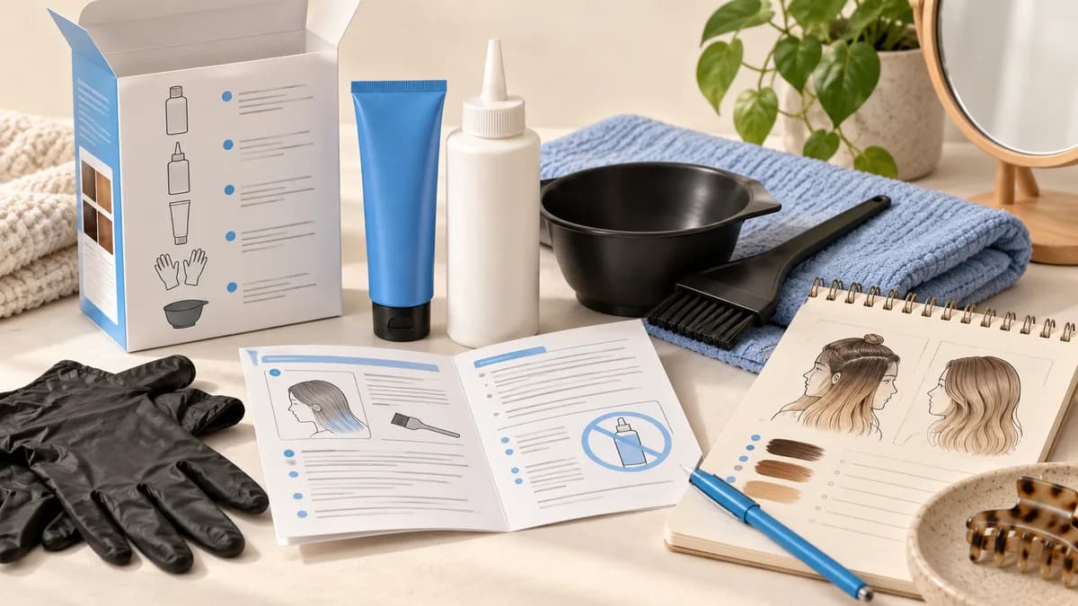 Illustration: Unbranded color packaging, instructions, gloves and strand samples.