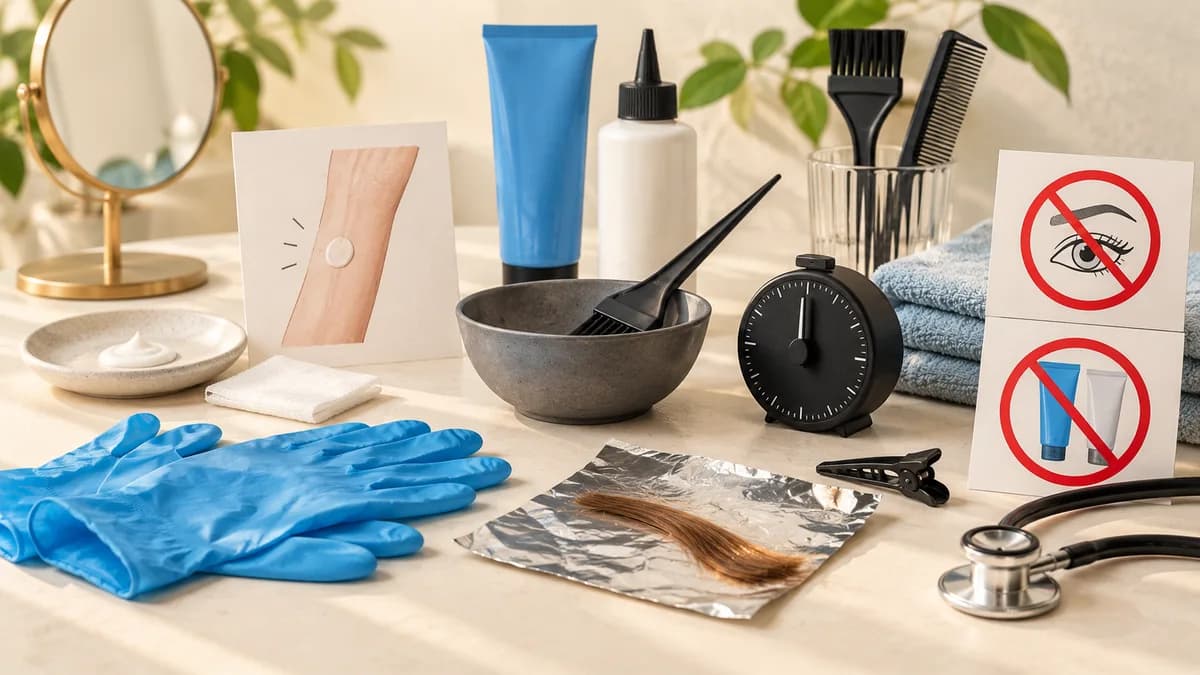 Illustration: Gloves, a timer, a strand sample and coloring supplies.