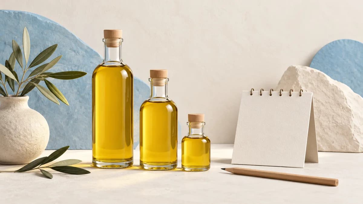 Illustration: Three capped oil bottles of different sizes beside a blank calendar and pencil.