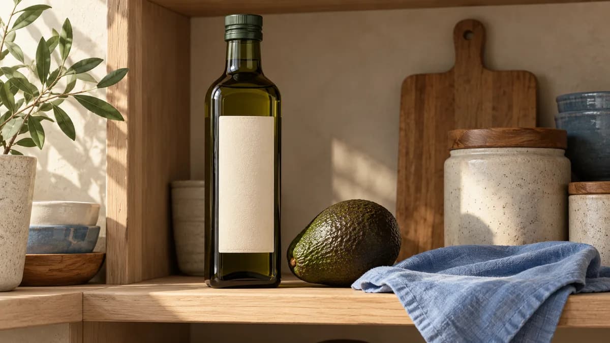 Illustration: A dark oil bottle and whole avocado on a pantry shelf beside a blue cloth.
