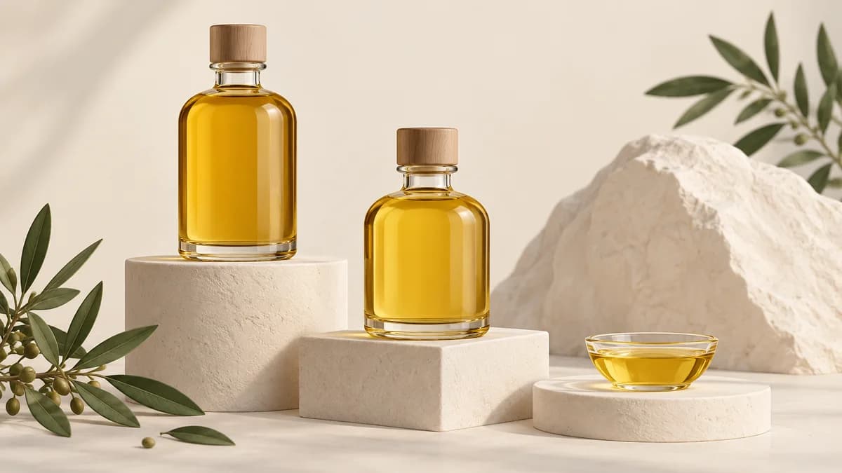 Illustration: Two capped bottles of golden oil on ivory platforms with a small sample bowl.