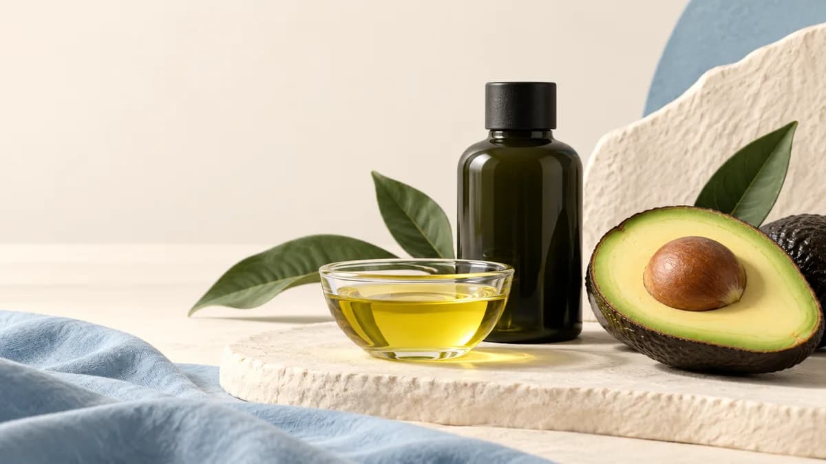Illustration: A dark oil bottle beside a glass bowl of oil and an avocado half.