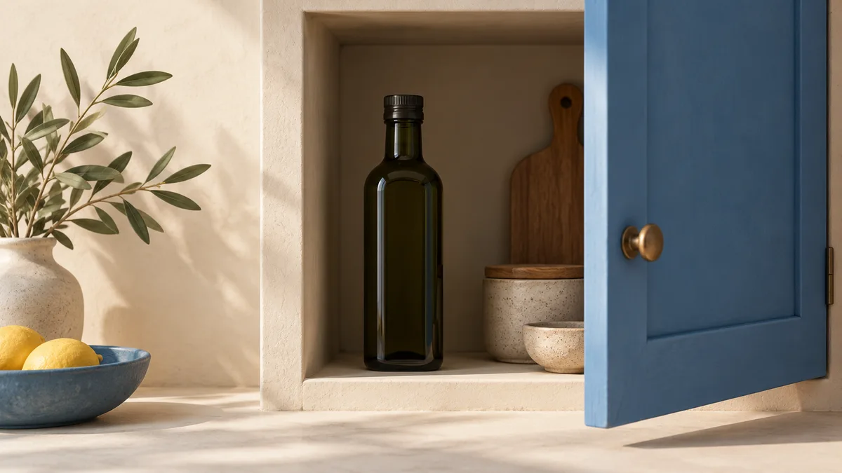 Illustration: A dark oil bottle inside a shaded cupboard with a blue door.