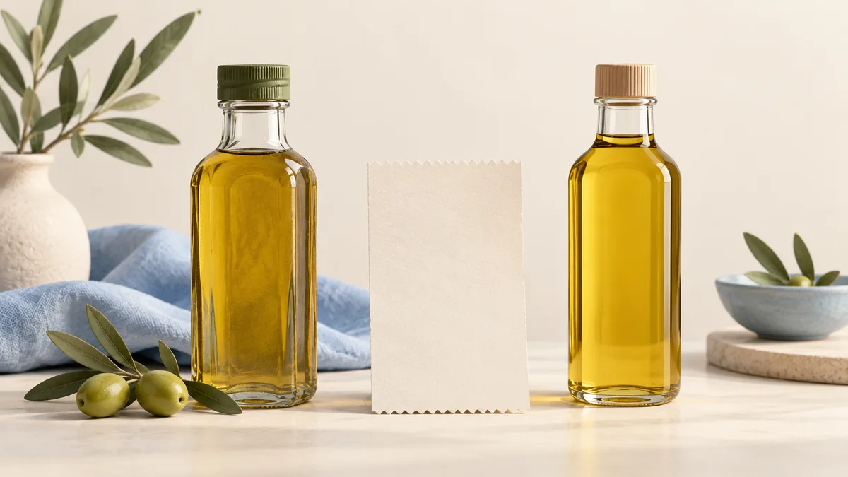 Illustration: Two capped oil bottles beside a blank card and folded blue cloth.