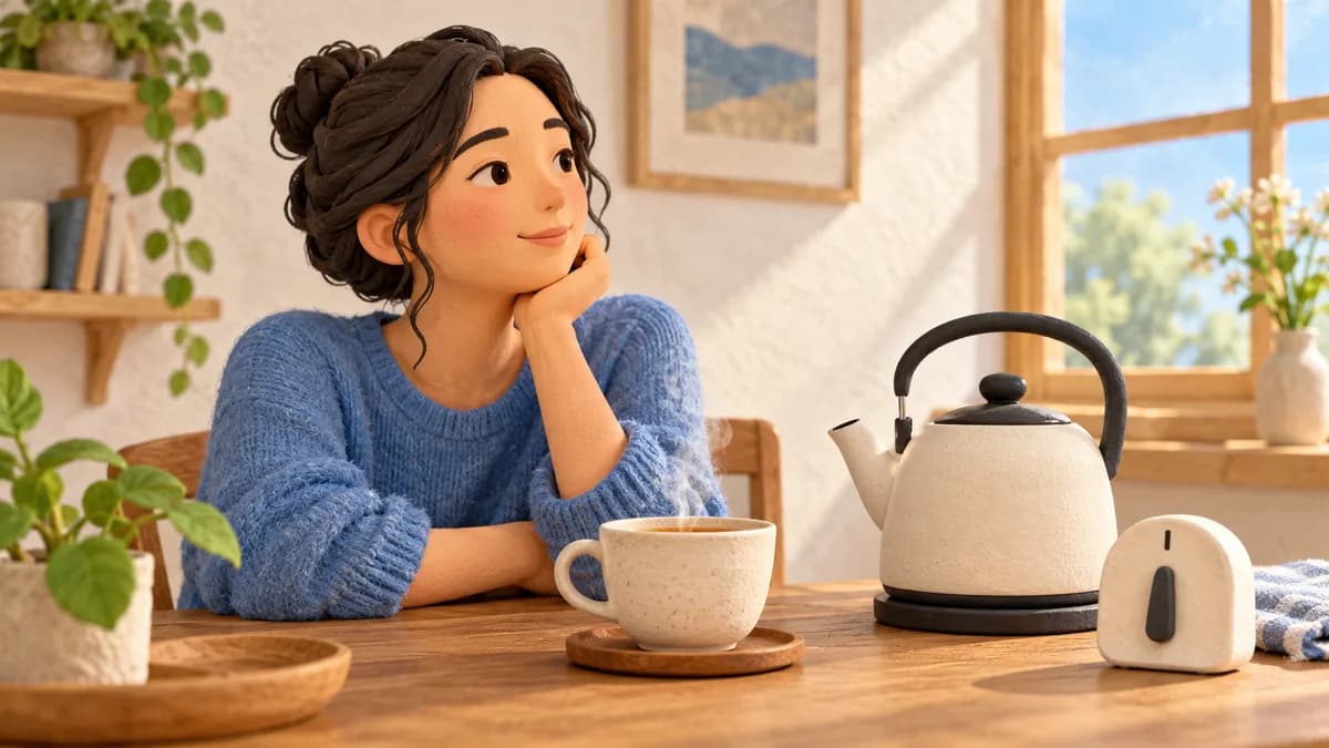 A person considers a cup, kettle and small timing device on a kitchen table.