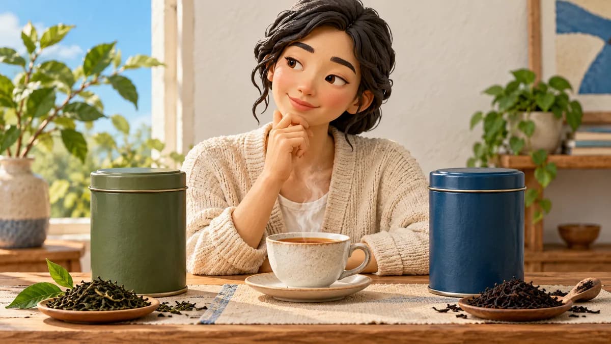 A person compares two tea tins and loose-leaf samples beside a cup.