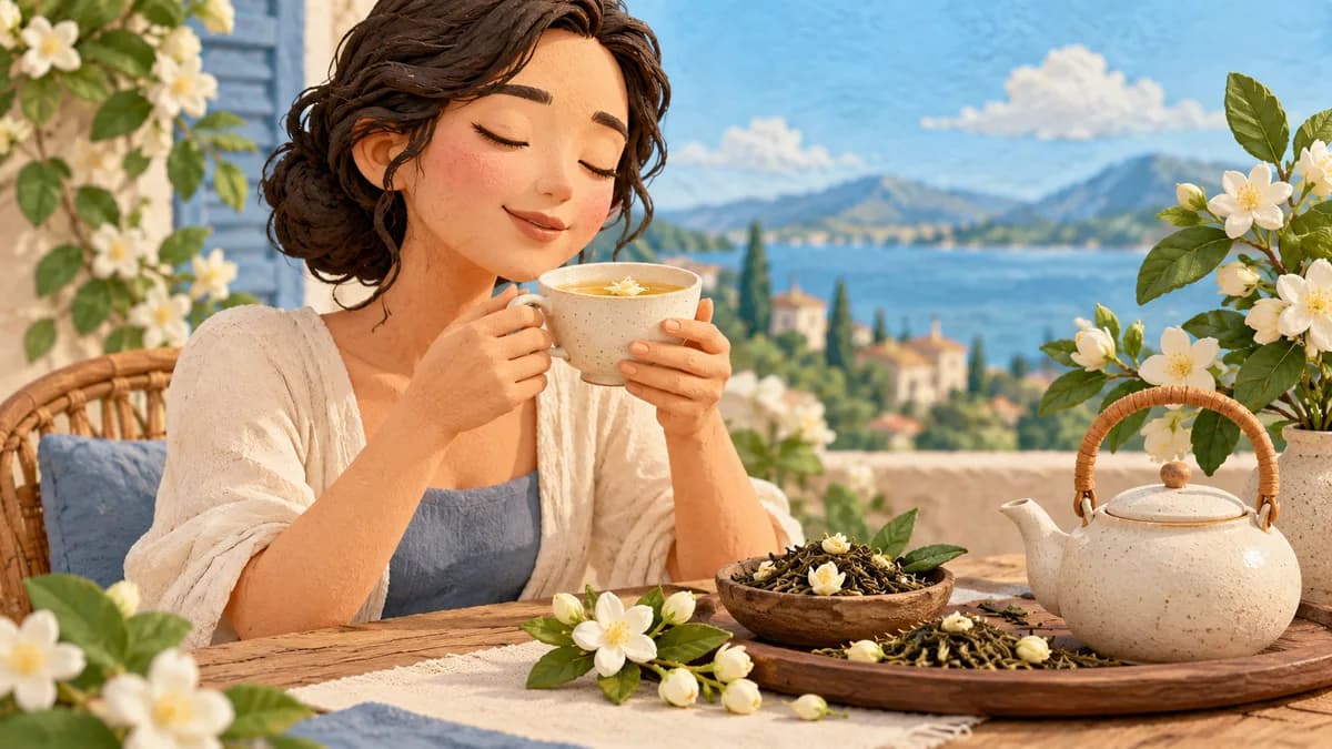 A person holds a cup near jasmine flowers, loose tea and a teapot.