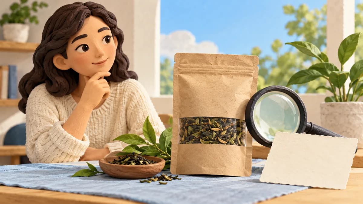 A person examines a tea pouch beside a magnifying glass and blank information card.