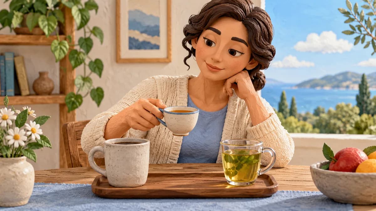 A person holds a small cup beside a larger mug and a glass of tea.