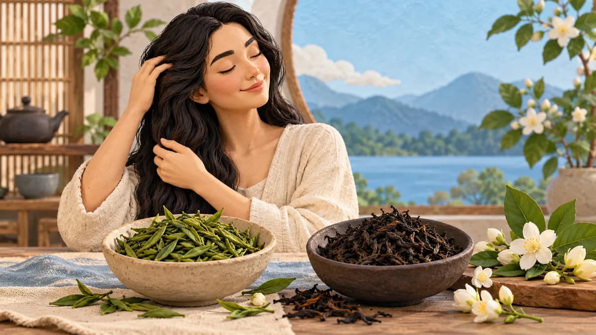 A person sits behind bowls of green and dark tea leaves with jasmine flowers nearby.
