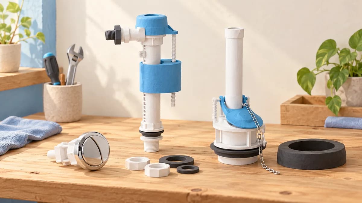 Illustration: Toilet cistern components on a work surface