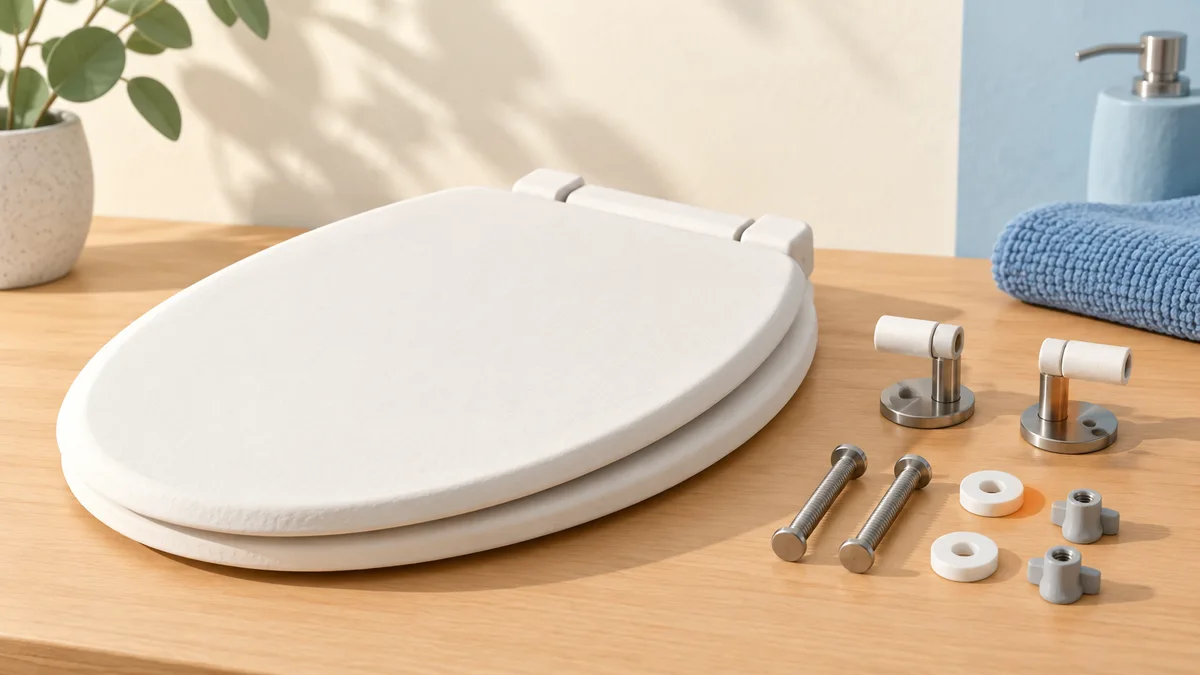 Illustration: Toilet seat beside mounting hardware