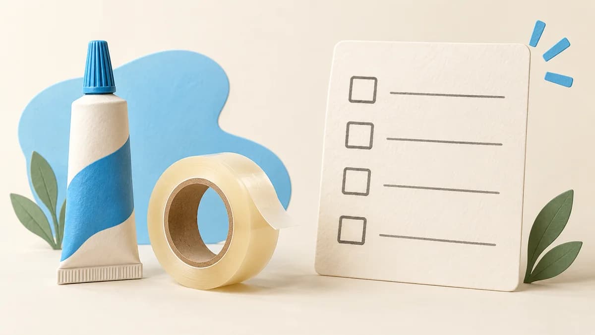 Illustration: Adhesive products beside a blank checklist