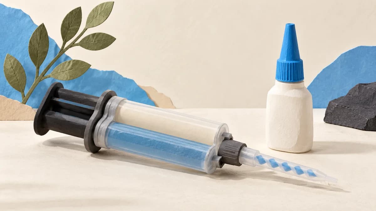 Illustration: Two-part adhesive syringe beside a glue bottle