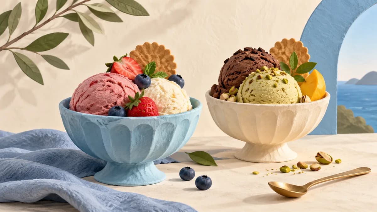 Illustration: Two bowls of frozen dessert with fruit and wafers