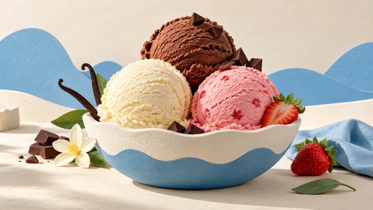 Illustration: Three flavors of frozen dessert in a bowl