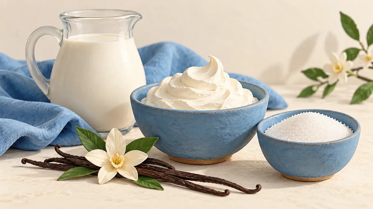 Illustration: Milk, cream and sugar arranged beside vanilla