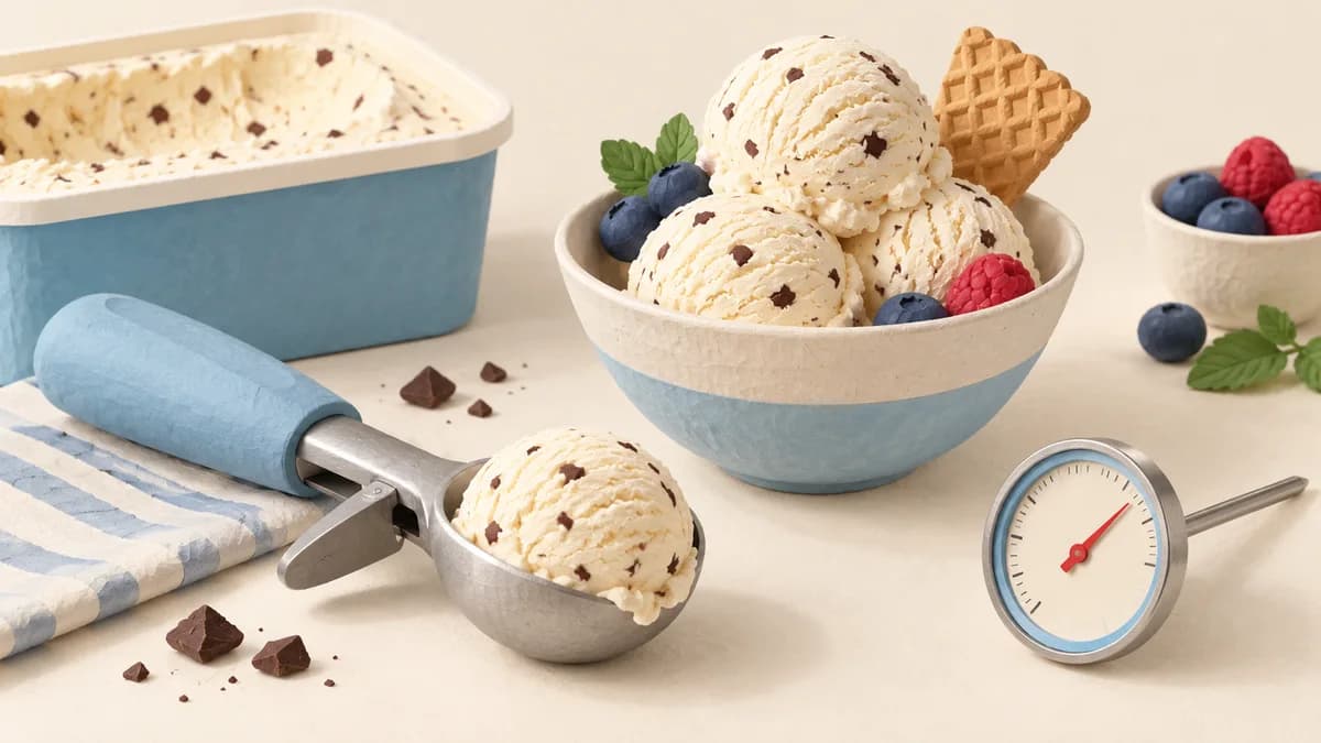 Illustration: Ice cream, scoop and thermometer