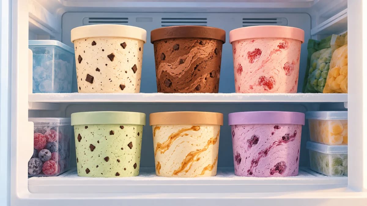 Illustration: Frozen-dessert containers arranged on freezer shelves