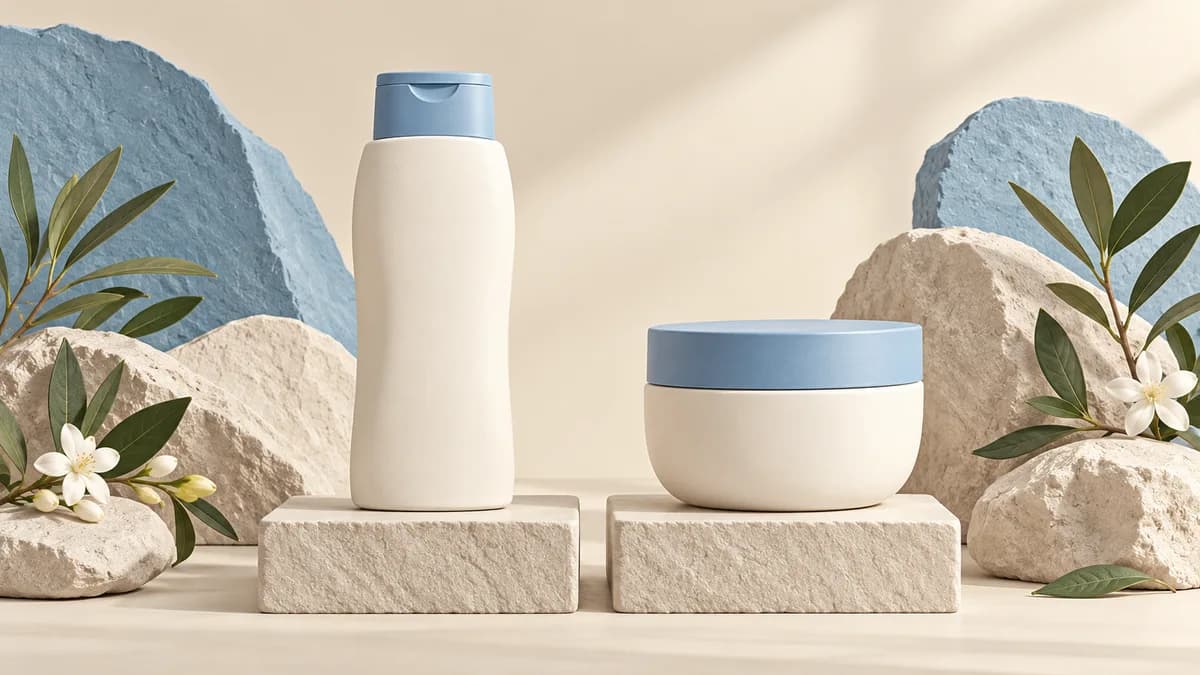 A plain conditioner bottle and cream jar on matching display blocks.