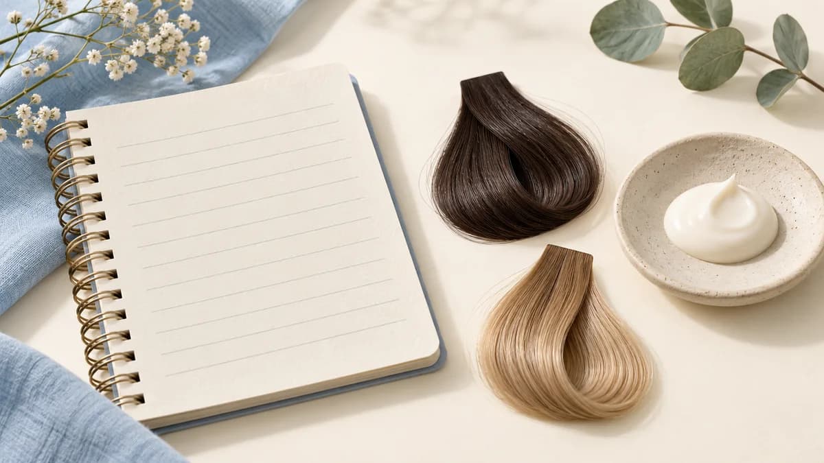 Two hair swatches and a dish of cream beside an open notebook.