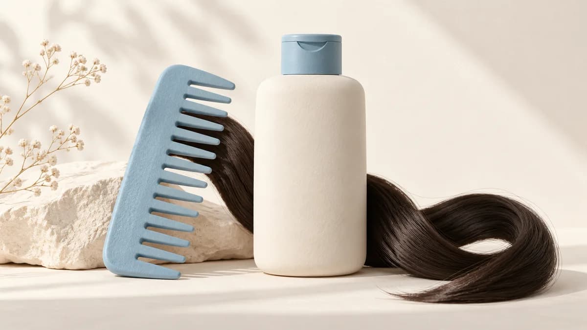 A wide-tooth comb, conditioner bottle and lock of dark hair.