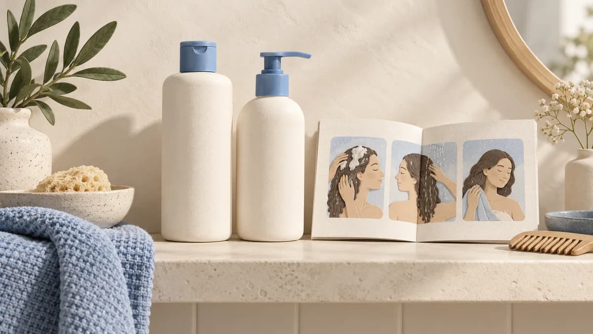 Two haircare bottles beside an open illustrated booklet and bathroom mirror.