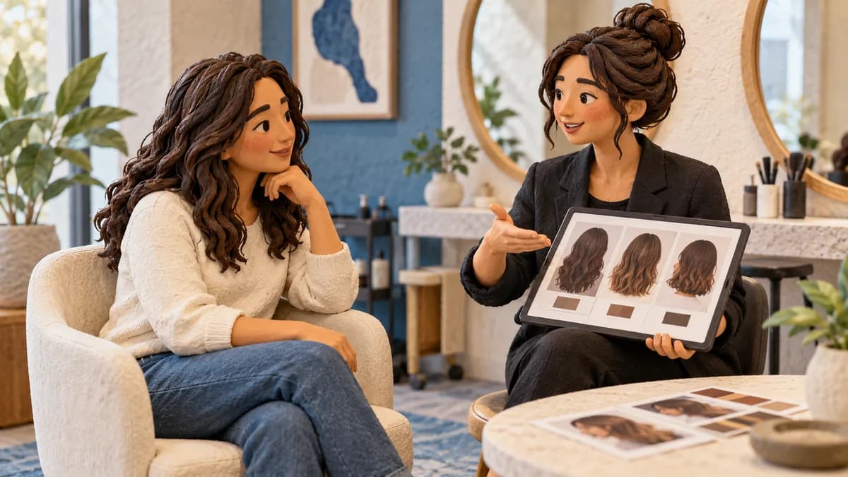 A client and stylist discuss hair-treatment reference images.