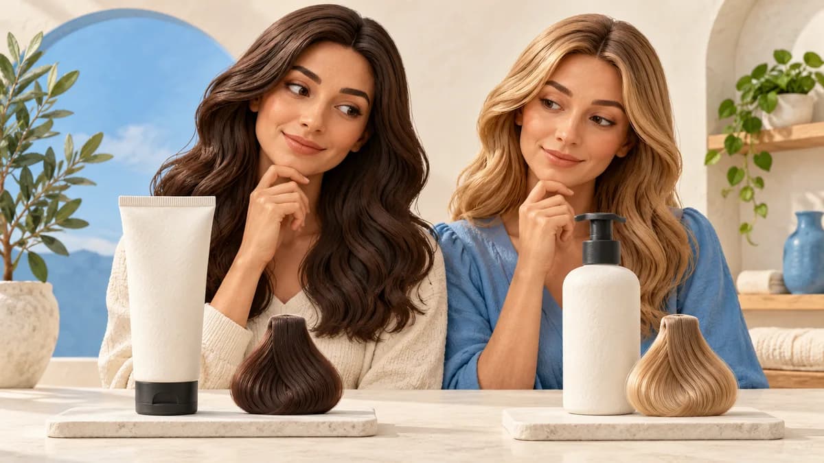 Two women compare closed hair-care products and hair samples.