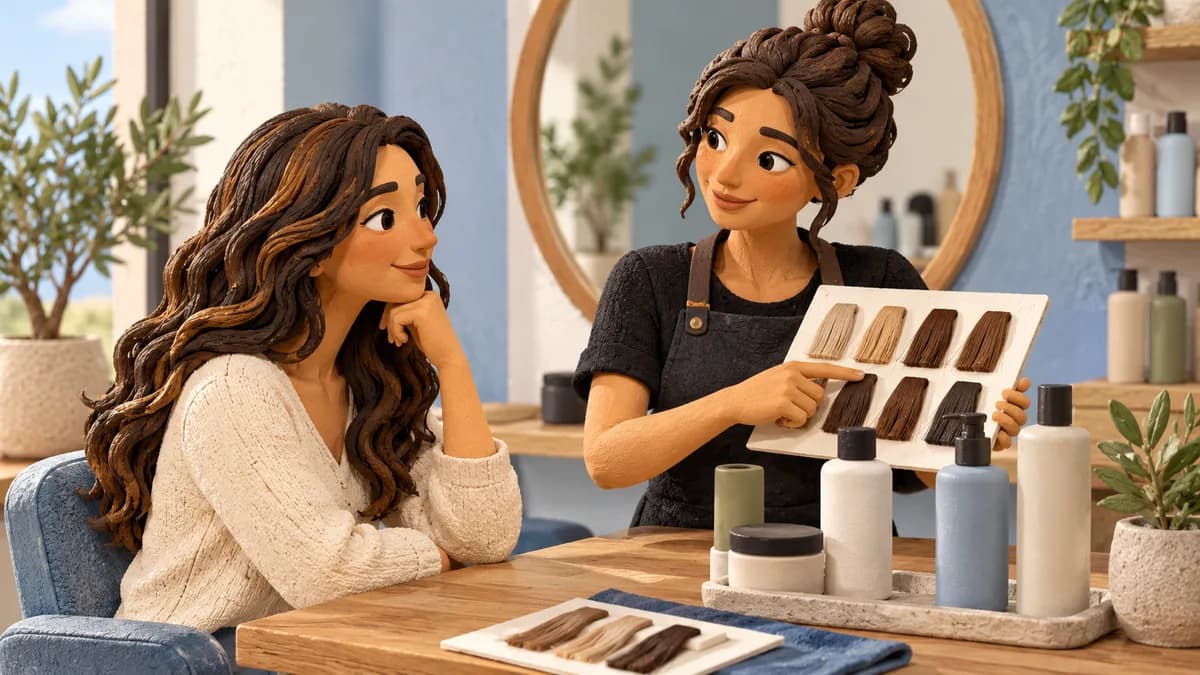A stylist discusses hair-treatment choices with a seated client.