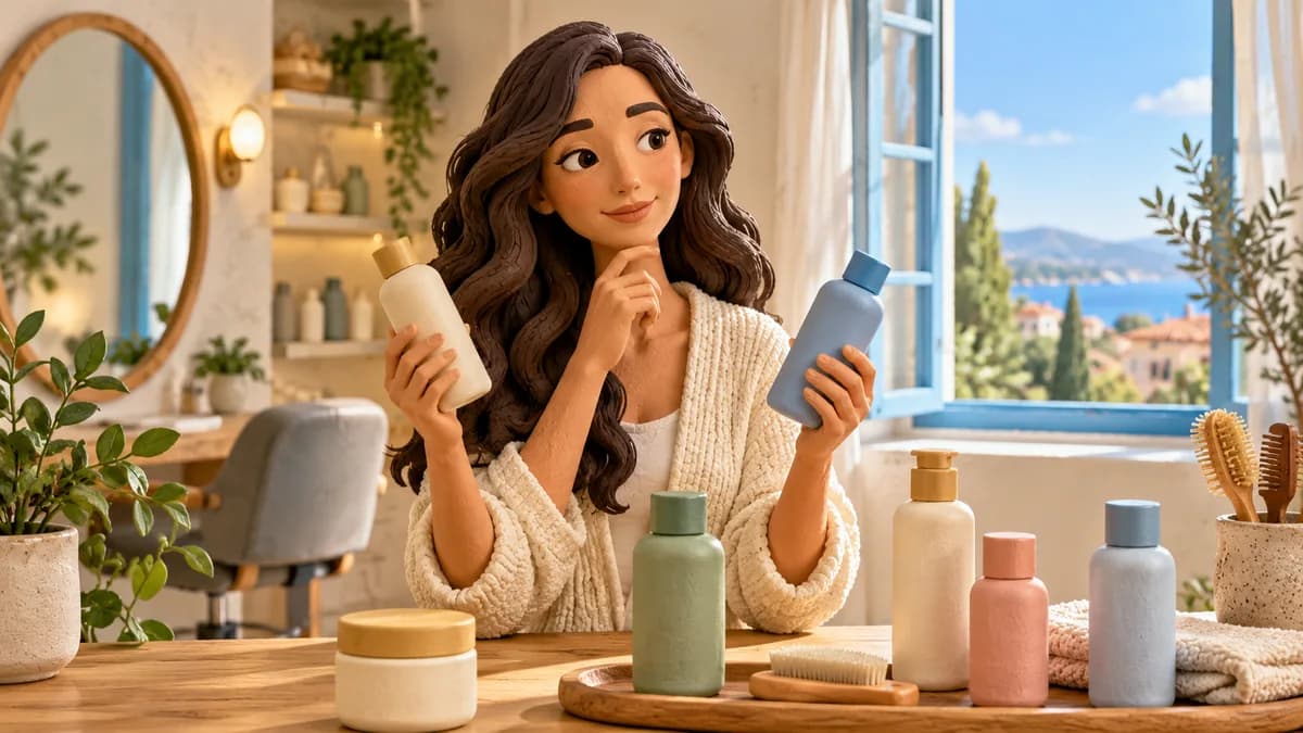 A woman reads a closed hair-care bottle beside an open window.