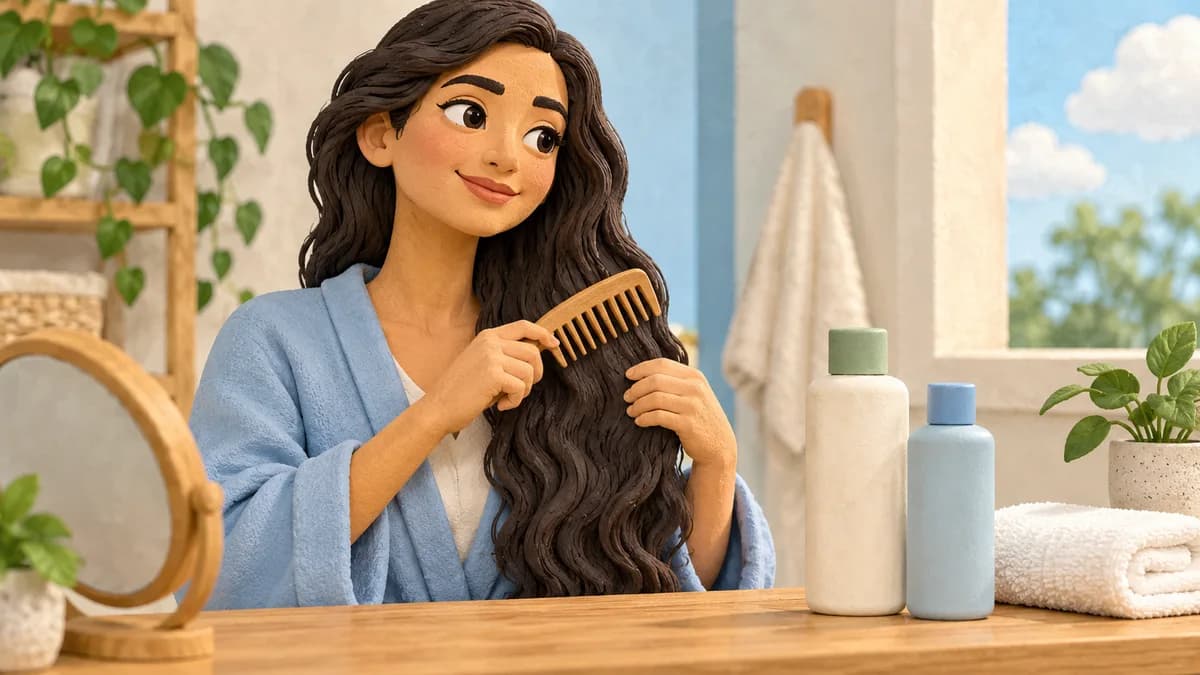 A woman holds her hair beside closed care products.