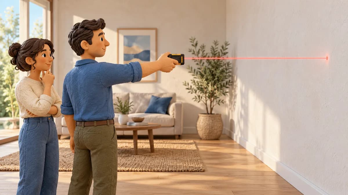 Illustration: person aiming a laser distance meter at an empty wall with an observer behind the beam path