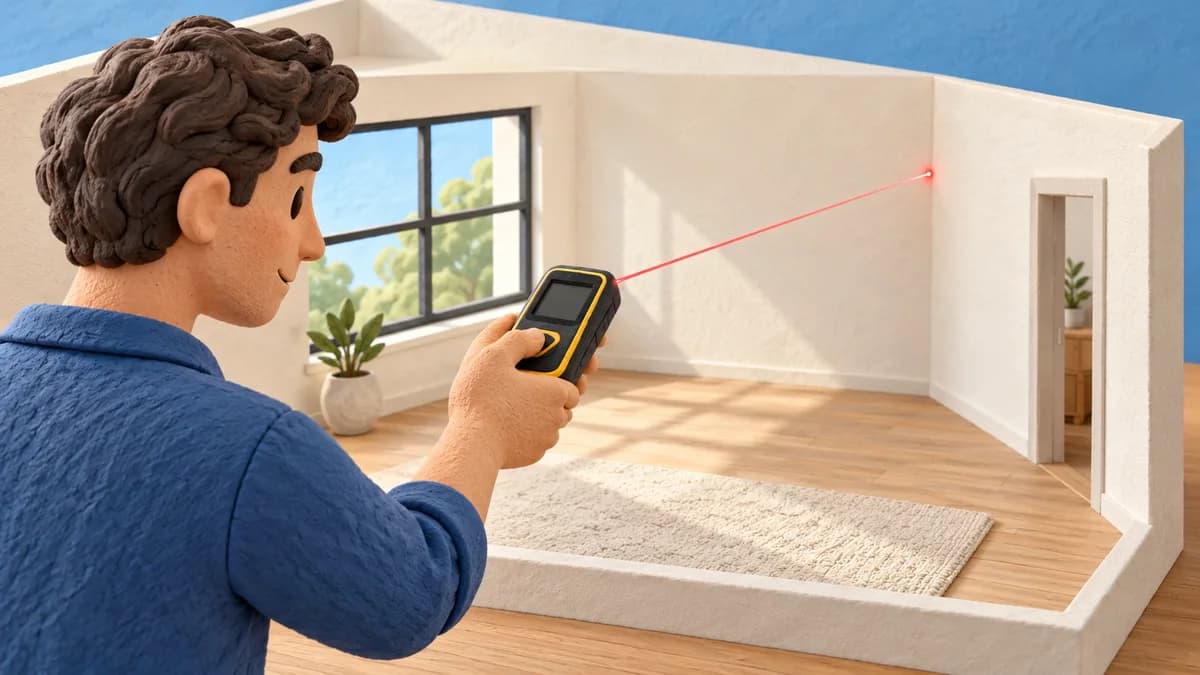 Illustration: person aiming a laser distance meter at an empty wall in a room model