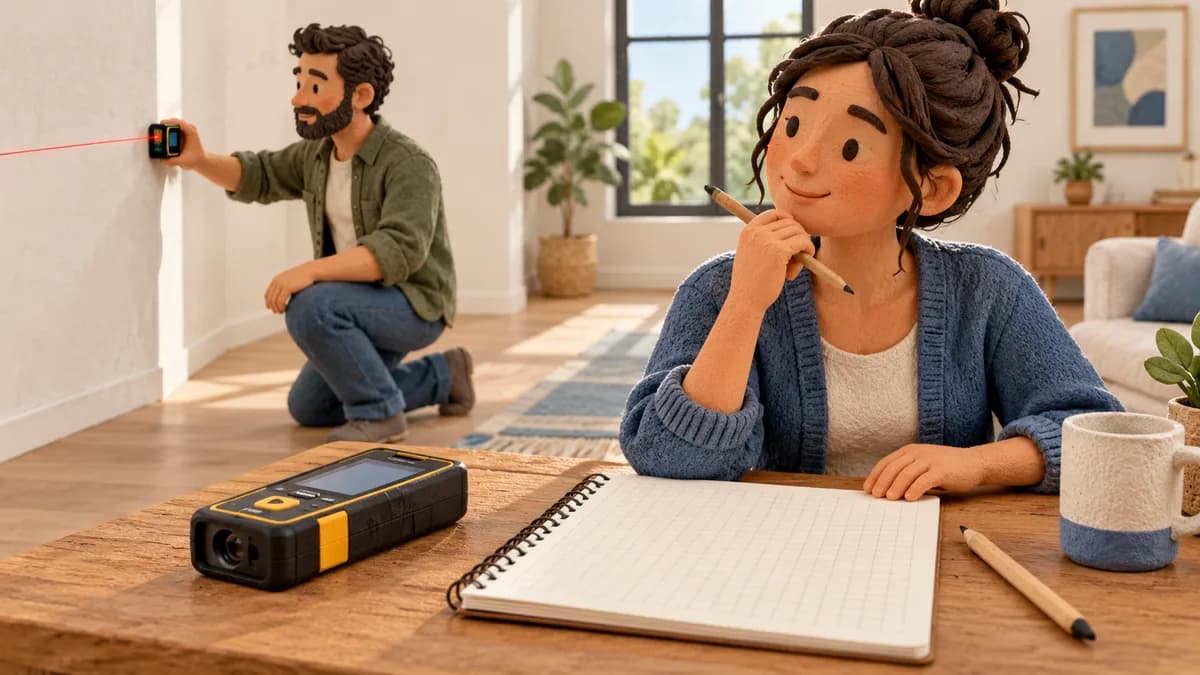 Illustration: person taking a wall measurement while another reviews a notebook